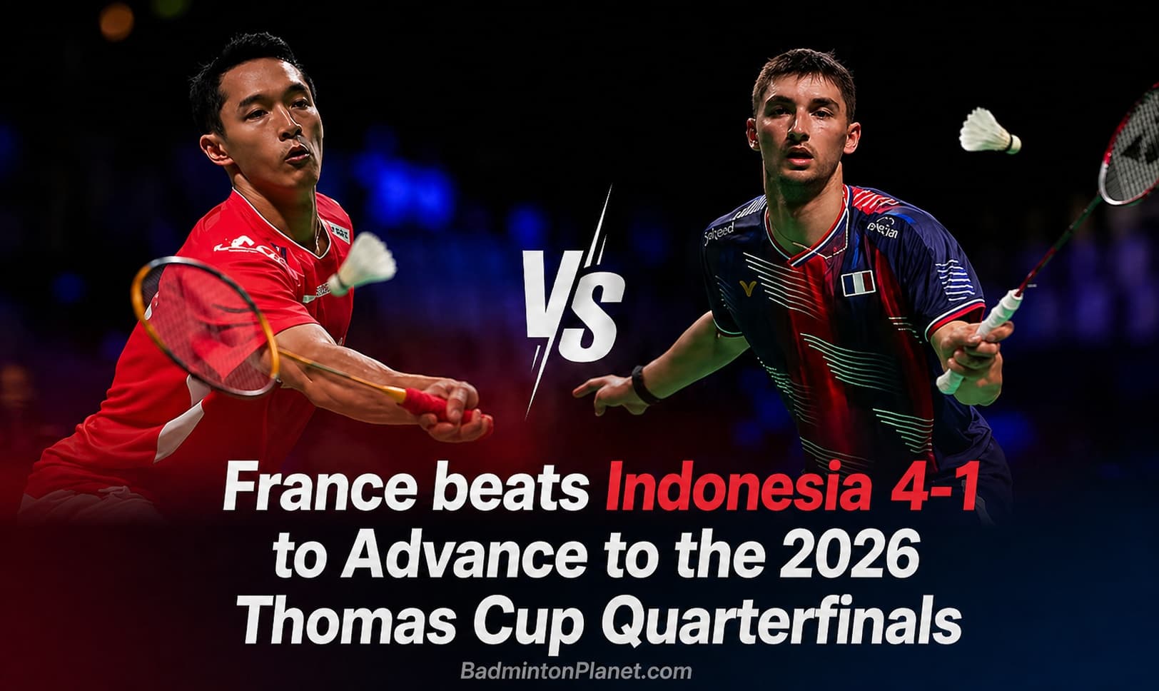 Joueur de l'équipe de France de badminton célébrant la victoire en Thomas Cup 2026 avec drapeau français